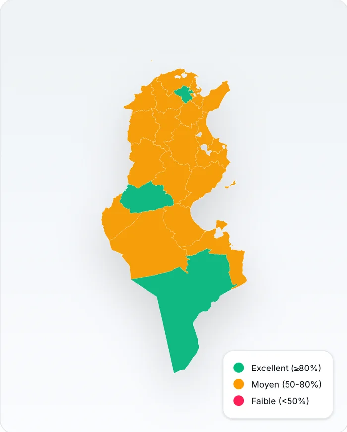 Map of Tunisia, delivery rate per governorate
